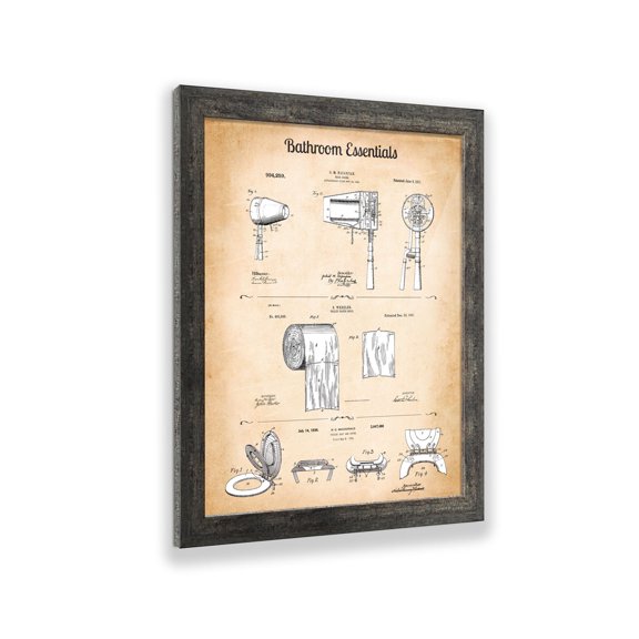 Bathroom Wall Art Decor, Framed Patent Print "All The Essentials" Showing Toilet Paper, Hair Dryer And Toilet Seat Patent Prints, 11x14, 2131BW