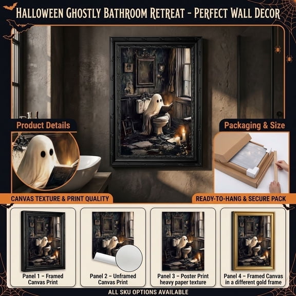 Bathroom Wall Art Decor, Spooky Vintage Ghost Bathroom Print Featuring Dark Cozy Scene, for Halloween Themed Restroom Refresh, Unique Gothic Wall Art Gift, Framed Halloween