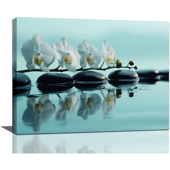 Bathroom Wall Art Decor White Orchid Black Zen Stone Teal Pictures Relax Calm Canvas Spa Painting Modern Home Framed Prints Artwork Living Room Bedroom Office Yoga Meditation Spiritual Room 16"x12"