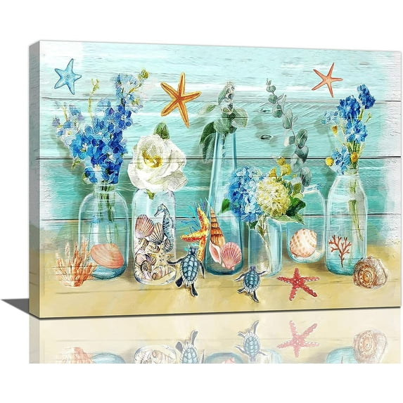 Bathroom Wall Art Floral Bathroom Pictures for Wall Flower Mason Jar Painting Prints Rustic Ocean Beach Theme Bathroom Farmhouse Blue Framed Artwork Home Decor Ready to Hang 16"x20"