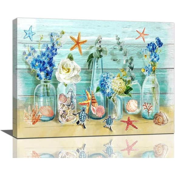 Bathroom Wall Art Floral Bathroom Pictures for Wall Flower Mason Jar Painting Prints Rustic Ocean Beach Theme Bathroom Farmhouse Blue Framed Artwork Home Decor Ready to Hang 12"x16"