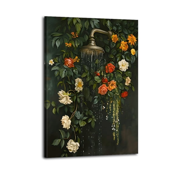 Bathroom Wall Art Floral Shower Curtain Design with Dark Green Botanical Poster Wrapped Wooden Frame Wall Decor,,Canvas Wall Art for Living Room,Bedroom,Office,Ready to Hang