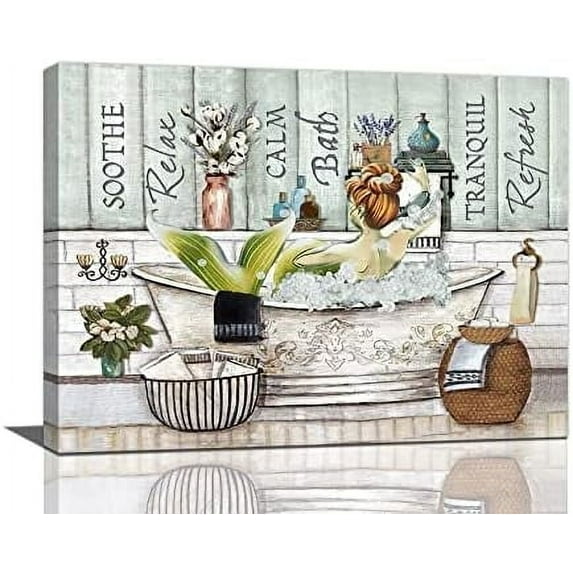 Bathroom Wall Art Funny Bathroom Mermaid Girl Bath Pictures Wall Decor Relax Bathtub Farmhouse Bathroom Sign Canvas Prints Painting Modern Home Framed Artwork For WC Toilet Girl Woman Daughter 16"x12"