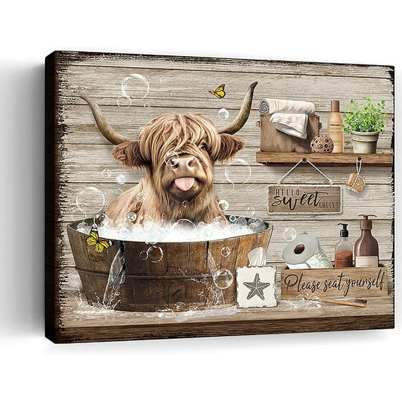 Bathroom Wall Art Funny Highland Cow Wall Art Farmhouse Bathroom Decor Country Butterfly Cattle Painting Canvas Print Framed Artwork Rustic Cow Pictures Wall Decor for Bathroom 12"x16"