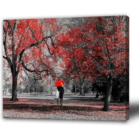 Bathroom Wall Art Gray Red Wall Decor Forest Canvas Painting Tree Prints Art Scenery Artwork for Wall Landscape Picture Black and White Wall Art Bedroom Room Décor Decoration -12x16inches
