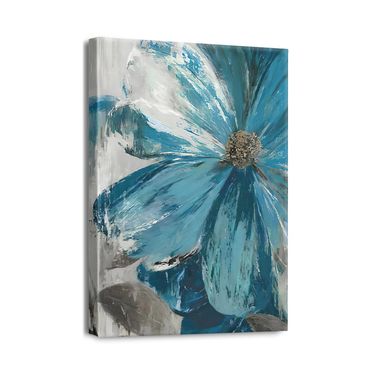 Bathroom Wall Art Navy Blue Floral Pictures Abstract Flower painting on ...