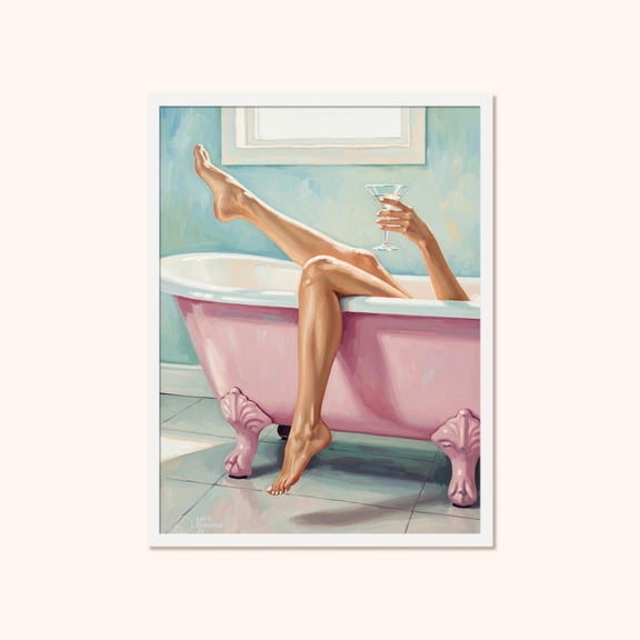 Bathroom Wall Art, Pink Clawfoot Tub Martini Glam For Powder Room, Unframed Poster Size 8x12