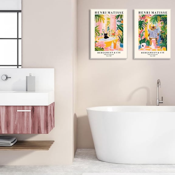 Bathroom Wall Art Poster Black Cat Cute Tabby Cat Animal in Bathtub Pictures, Set 2, Poster Only