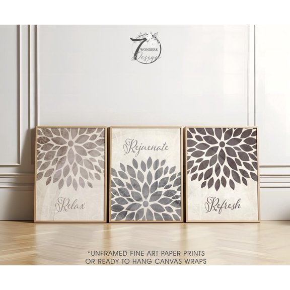 Bathroom Wall Art Prints, Relax Rejuvenate Refresh, Minimalist Neutral Beige Grey Brown Decor, Poster Only