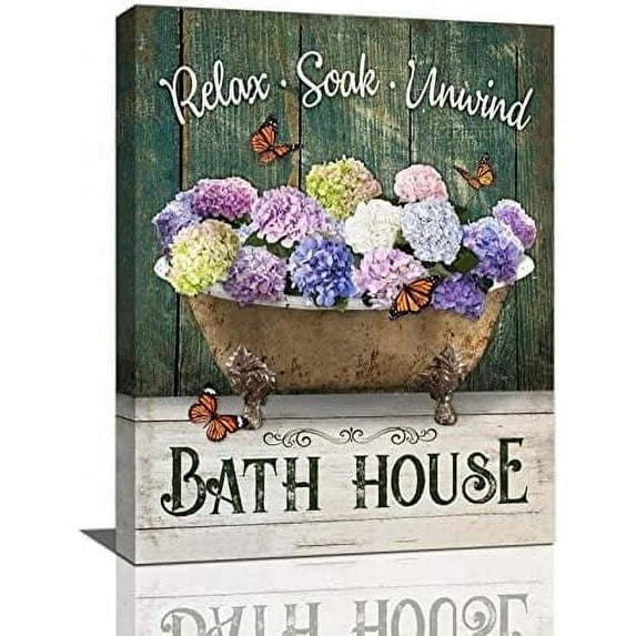 Bathroom Wall Art Purple Hydrangea Bathroom Pictures for Wall Rustic Farmhouse Flowers Canvas Painting Country Relax Soak Unwind Bathroom Framed Artwork for Bathroom Laundry Decor 12"x16"