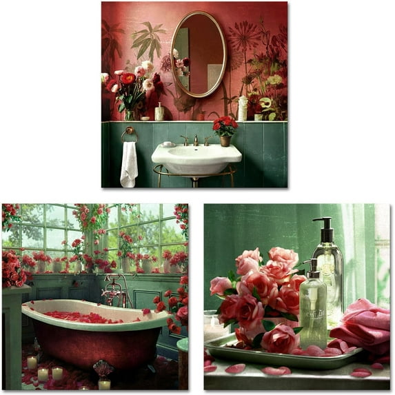 Bathroom Wall Art Red Bathtub Bathroom Decor for Wall Vintage Burgundy Painting Prints Rose Pictures Artwork Decorations
