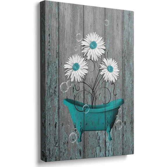 Bathroom Wall Art Teal Bathtub Daisy Canvas Bathroom Pictures For Wall Bathtub Painting Rustic Flower Picture Vintage Wood Background Wall Decor For Bedroom Living Room Bathroom