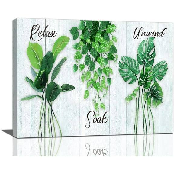 Bathroom Wall Art Tropical Botanical Canvas Prints Green Plant Painting Bathroom Pictures for Wall Relax Soak Unwind Signs Modern Artwork Home Decoration for Bathroom Bedroom 16"x12"