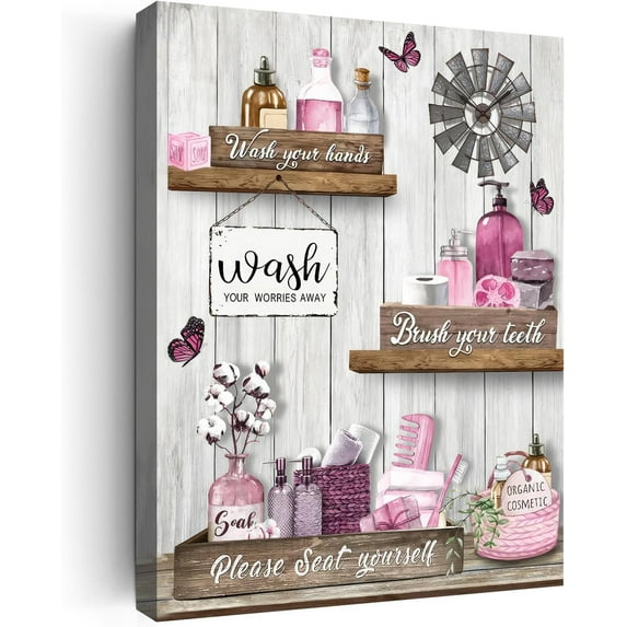 Bathroom Wall Art Wash Your Hands Sign Wall Decor Vintage Flower Butterfly Canvas Wall Art Farmhouse Bathroom Painting Artwork Home Decor for Bathroom Framed Ready to Hang 12x16in