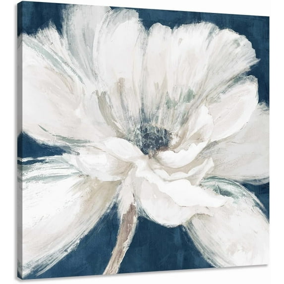 Bathroom Wall Art White Floral Pictures Abstract Flower painting on Canvas Prints Navy Blue Gray Vintage Bedroom Walls Decor 12x16inch