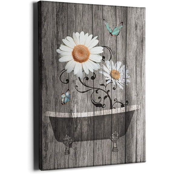 Bathroom Wall Art White Flowers for Room Decoration Canvas Prints for Farmhouse Bathroom Decor yellow Modern Bathtub Daisy for Home Interior Decor Ideas 12"x 16"