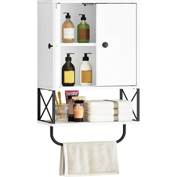 Bathroom Wall Cabinet with 2 Door and Adjustable Shelves, Farmhouse Medicine Cabinet with Towel Rack, 3-Tier Wall Mounted Storage Cabinet Over The Toilet for Bathroom Laundry Room, White