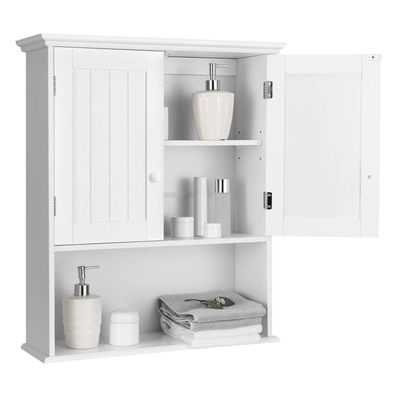 Bathroom Wall Cabinet, 2-Door Toilet Cabinet with Hanging Design, Wooden Medicine Cabinet with Height Adjustable Shelf, Wall Mount Cabinet with Large Storage Space, White