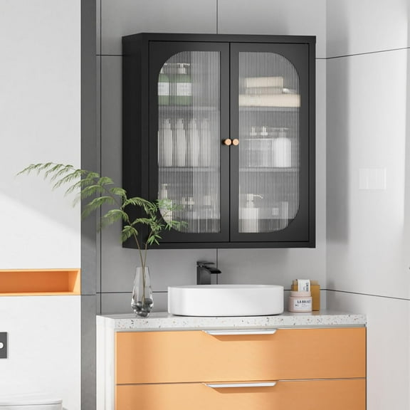 Bathroom Wall Cabinet with 2 Glass Doors, Metal Medicine Cabinet with Adjustable Shelf, Over The Toilet Glass Wall Mounted Storage Cabinet Cupboard for Kitchen, Laundry Room - Black