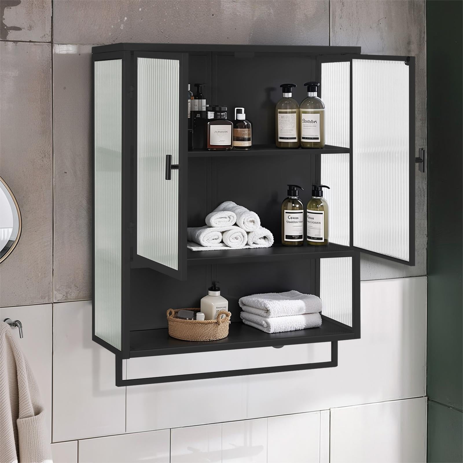 Bathroom Wall Cabinet,23.6'' W Glass Doors Modern Two-door Wall Cabinet with Open Shelf and Towel Rack for Bathroom,Black