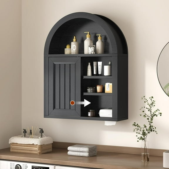 Bathroom Wall Cabinet, Arched Medicine Cabinet Over Toilet Storage with Sliding Door and Adjustable Shelf for Laundry Room Kitchen Living Room, Black