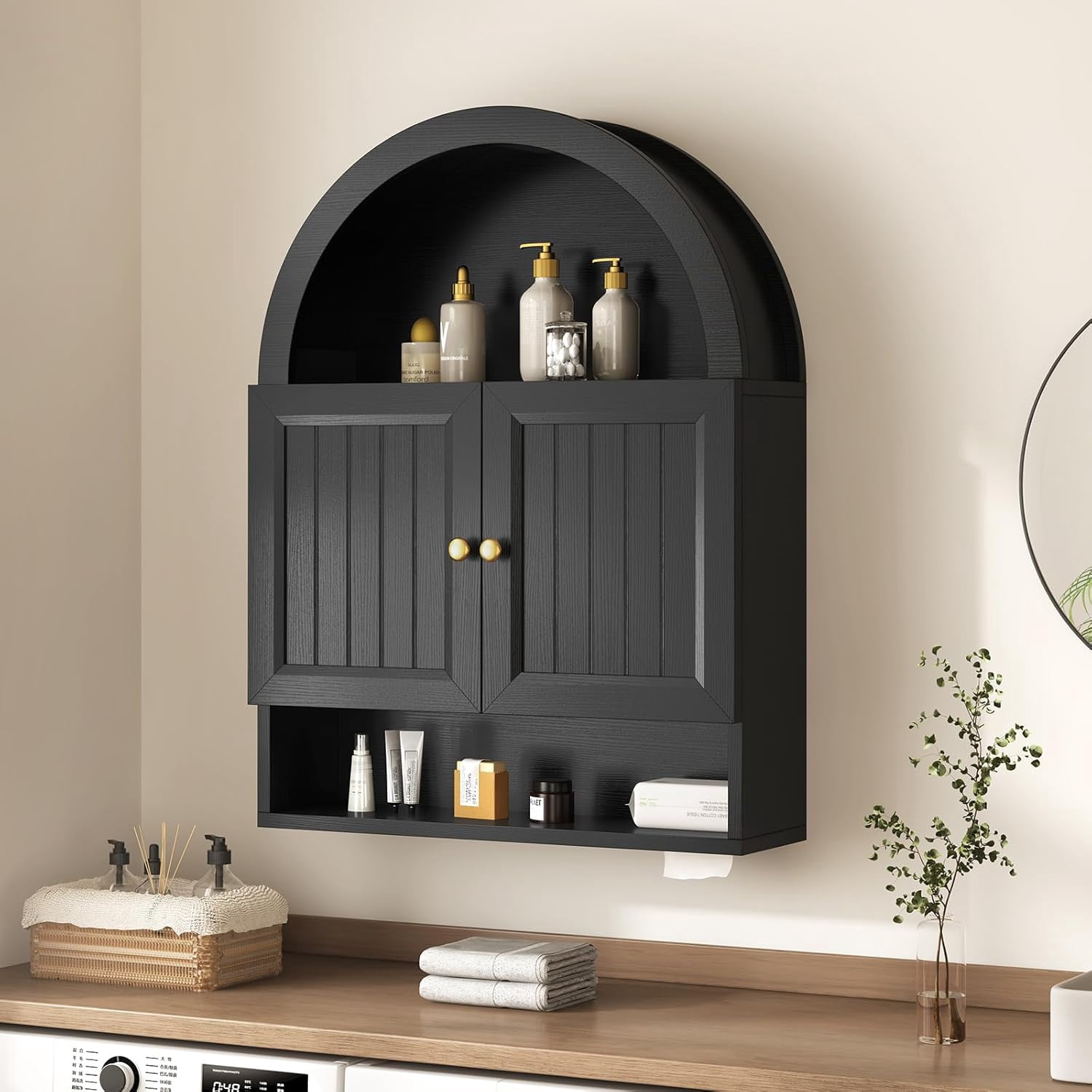 Bathroom Wall Cabinet, Arched Medicine Cabinet Over Toilet Storage with Adjustable Shelf and Open Compartment for Laundry Room Kitchen Living Room, Black