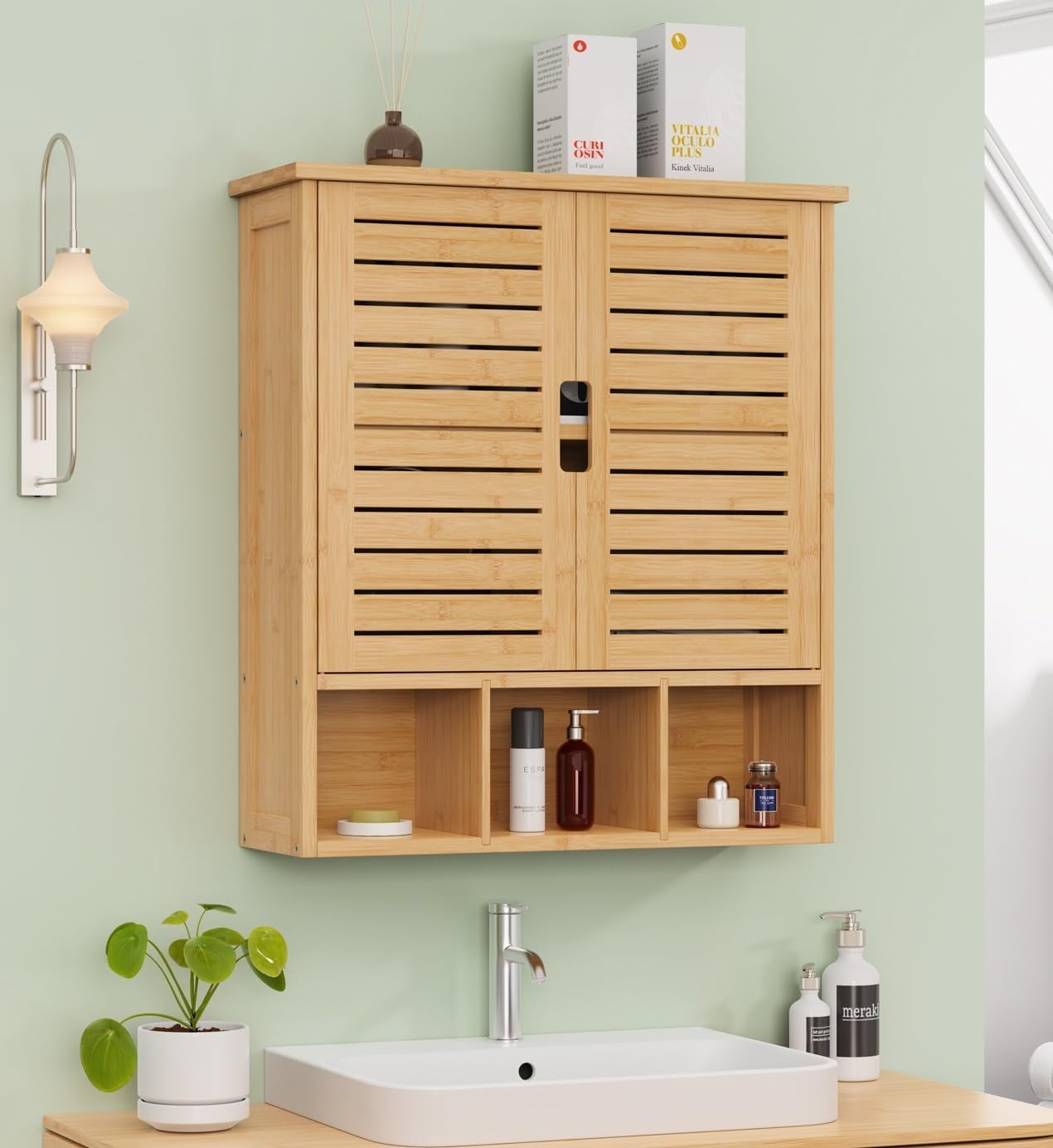 Bathroom Wall Cabinet, Bamboo Medicine Cabinet Wall Mounted with 2 ...