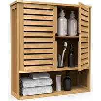 Bathroom Wall Cabinet, Bamboo Storage Cabinet Wall Mounted, Wall Hanging Cabinet with 2 Doors & 3 Tier Shelves
