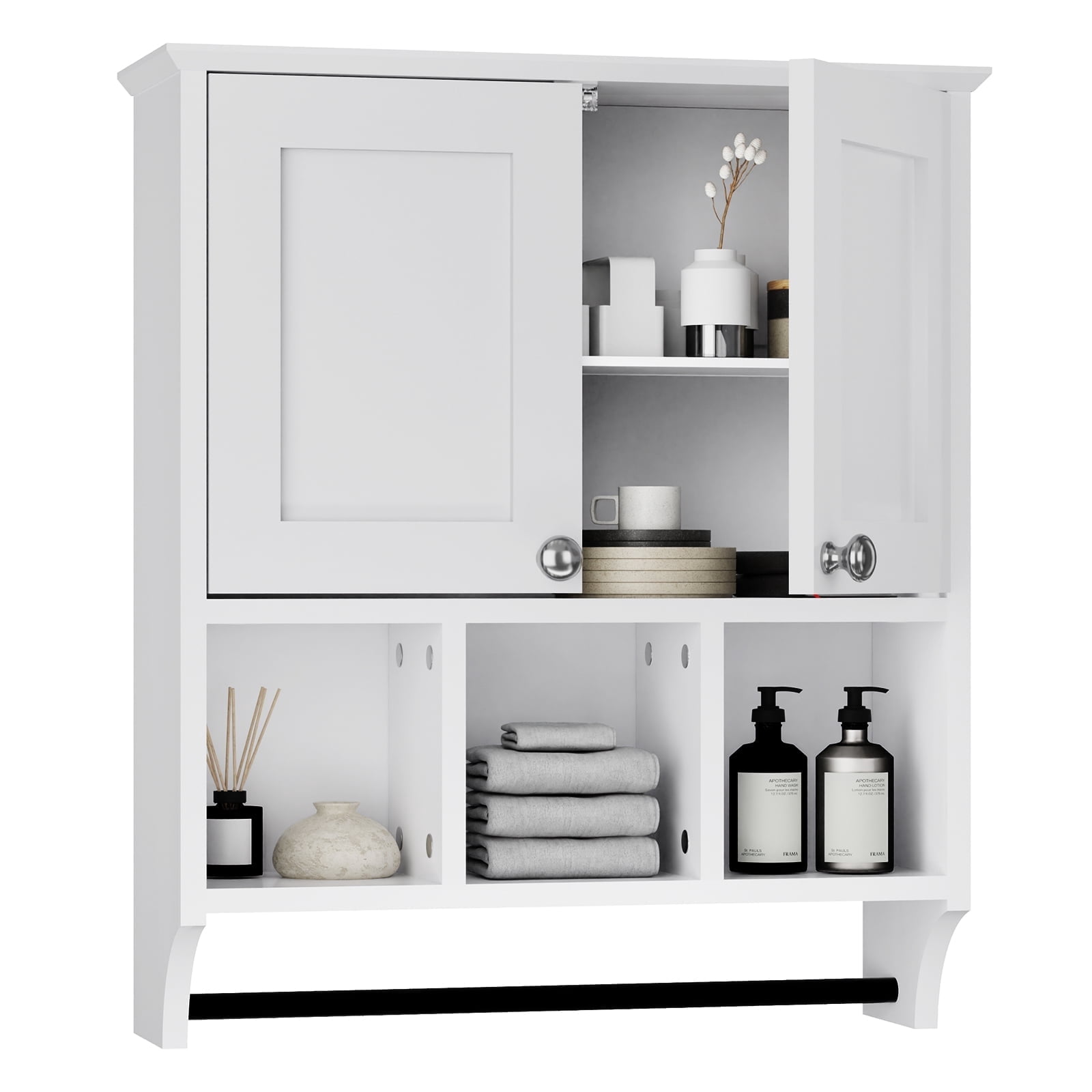 KZElegy Bathroom Wall Cabinet, Bathroom Medicine Cabinet Wall Mounted 2-Door with 3 Open Shelves, Over The Toilet Storage Cabinet with Towels Shelf,White
