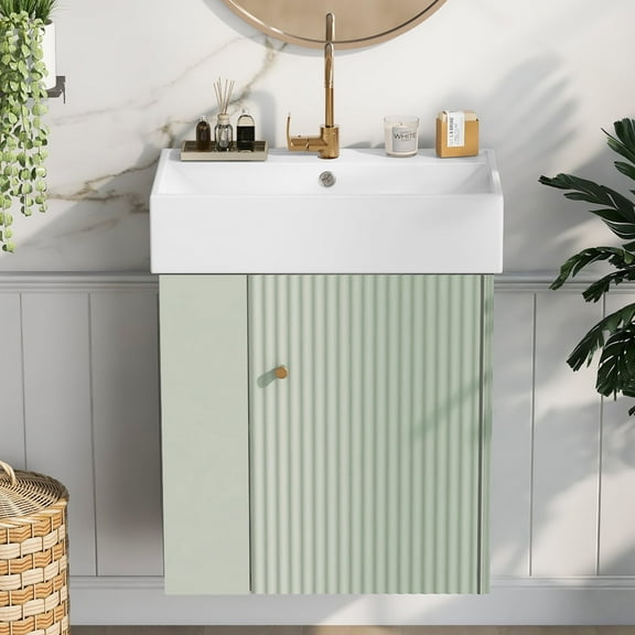 Bathroom Wall Cabinet, Combo Storage Cabinet with Single Ceramic Sink, Modern Bathroom vanity for Bathroom, Kitchen, Living Room, Small Space, Left side storage, Green