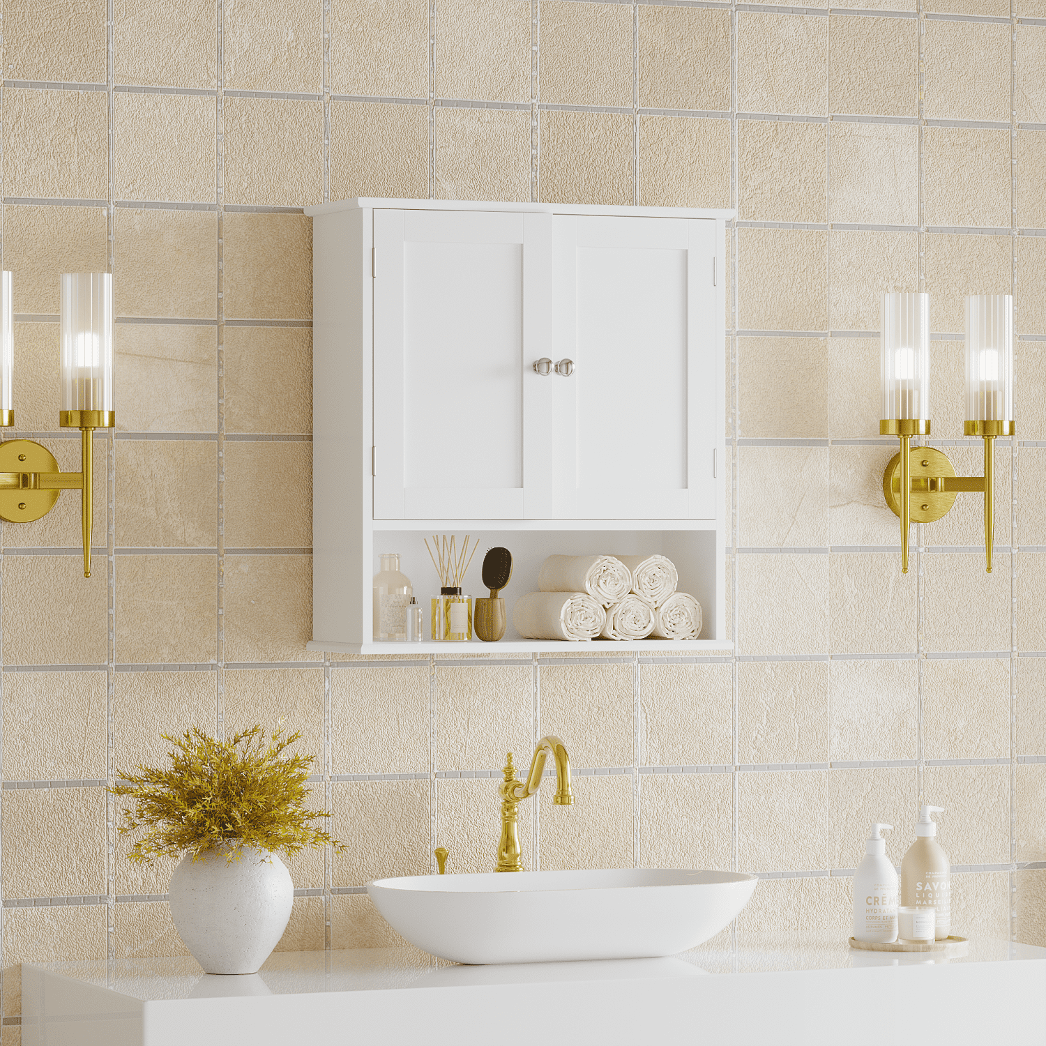Bathroom Wall Cabinet with Door, Over Toilet Storage Cabinet with and Adjustable Shelves, 3-Tier Medicine Cabinet Wall Mounted, for Bathroom, Kitchen, Entryway, Laundry Room, White