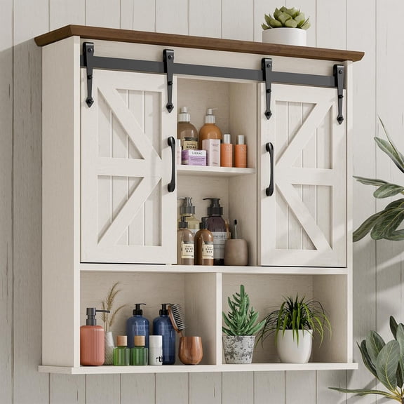 Bathroom Wall Cabinet, Farmhouse Medicine Cabinet with Double Sliding Barn Door and Adjustable Shelves, Wooden Vintage Storage Cabinet Wall Mounted for Bathroom, Kitchen Dining, Rustic White