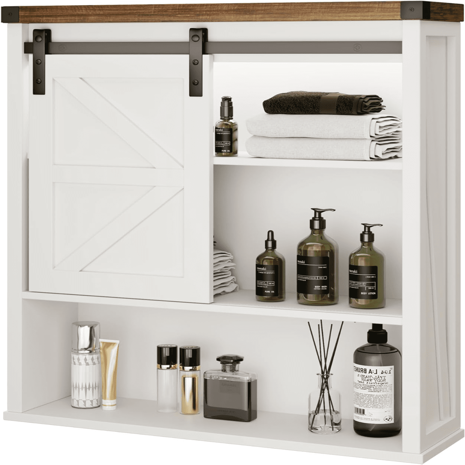 Bathroom Wall Cabinet Farmhouse Medicine Cabinet with Sliding Barn Door and 3-Tier Shelves Wall ...