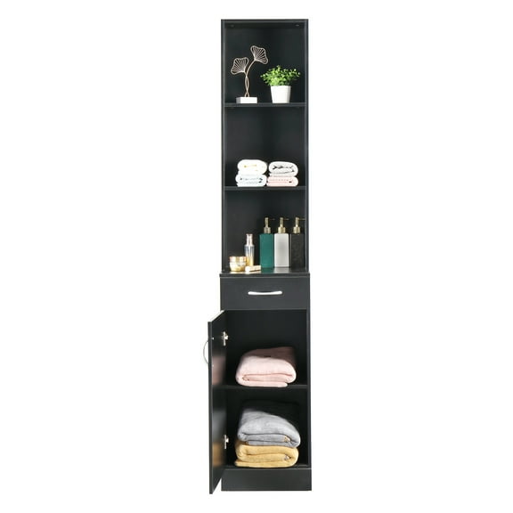 Bathroom Wall Cabinet, MDF with Triamine One Door One Drawer Three Compartments High Cabinet, Black