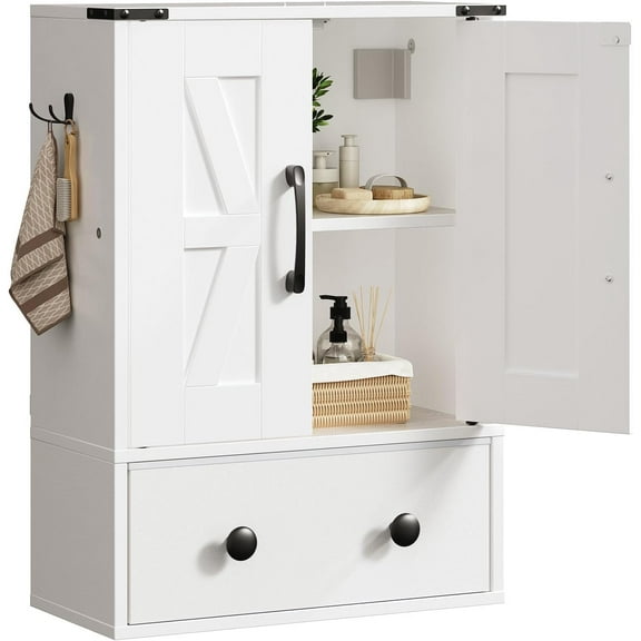 Bathroom Wall Cabinet, Medicine Cabinet with Fabric Drawer, Double-Door Wall Mounted Storage Cabinet, 2 Hooks, Over The Toilet Space Saver Storage Cabinet, for Bathroom, Kitchen, White