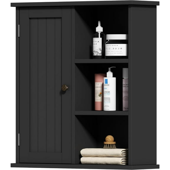 Bathroom Wall Cabinet, Medicine Cabinet with Door and 3 Open Shelves, Wall Mounted Storage Organizer for Bathroom, Kitchen, Living Room, Black