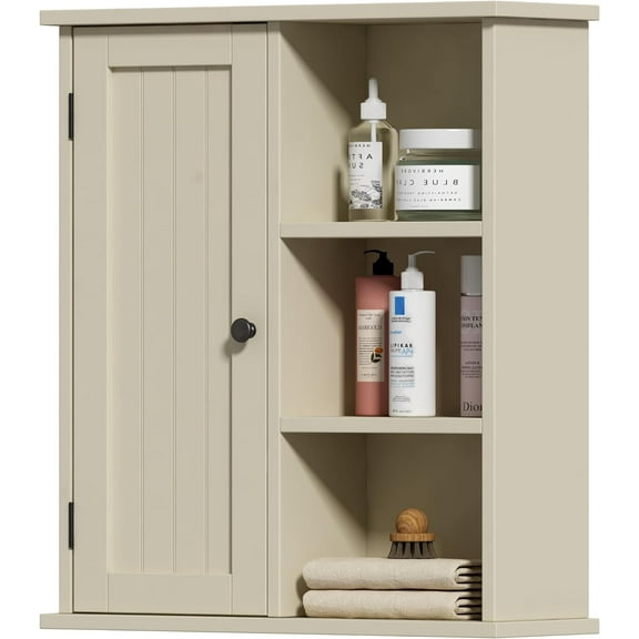 Bathroom Wall Cabinet, Medicine Cabinet with Door and 3 Open Shelves, Wall Mounted Storage Organizer for Bathroom, Kitchen, Living Room, Yellow