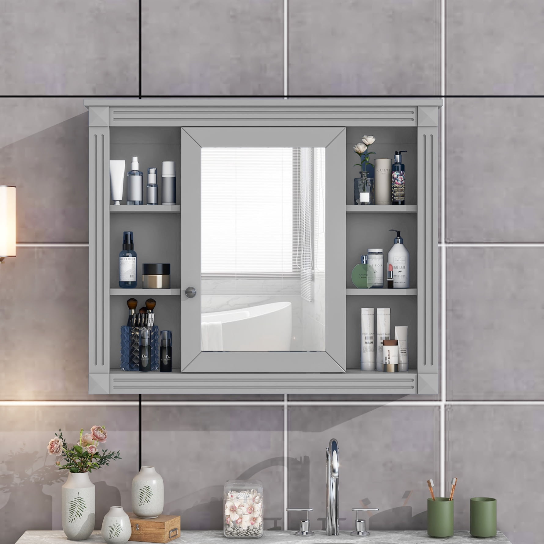 Bathroom Wall Cabinet, Medicine Cabinet with Mirror Door and 6 Open Shelves, Bathroom Storage ...