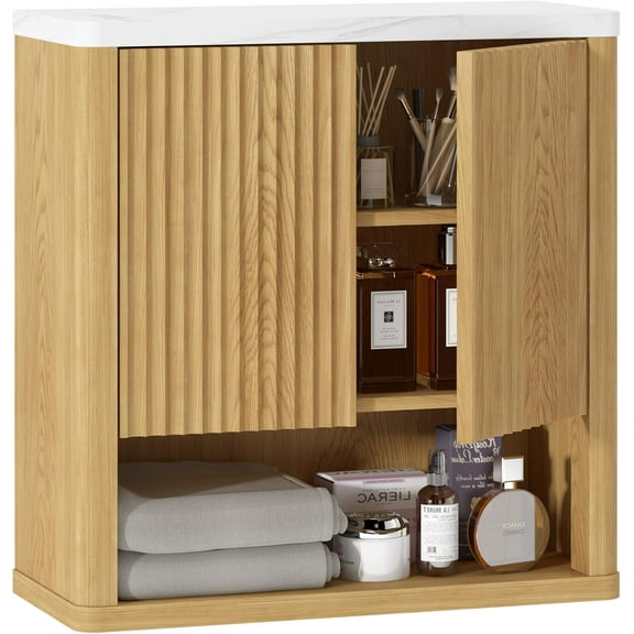 Bathroom Wall Cabinet, Medicine Cabinets, Over The Toilet Storage Cabinet with 2 Doors, Adjustable Shelf and Faux Marble Top, Natural Oak