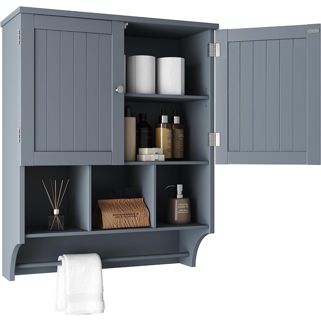 HOMEFORT Grey Bathroom Wall with Towel Bar, Adjustable Shelves, Wall Mounted Large