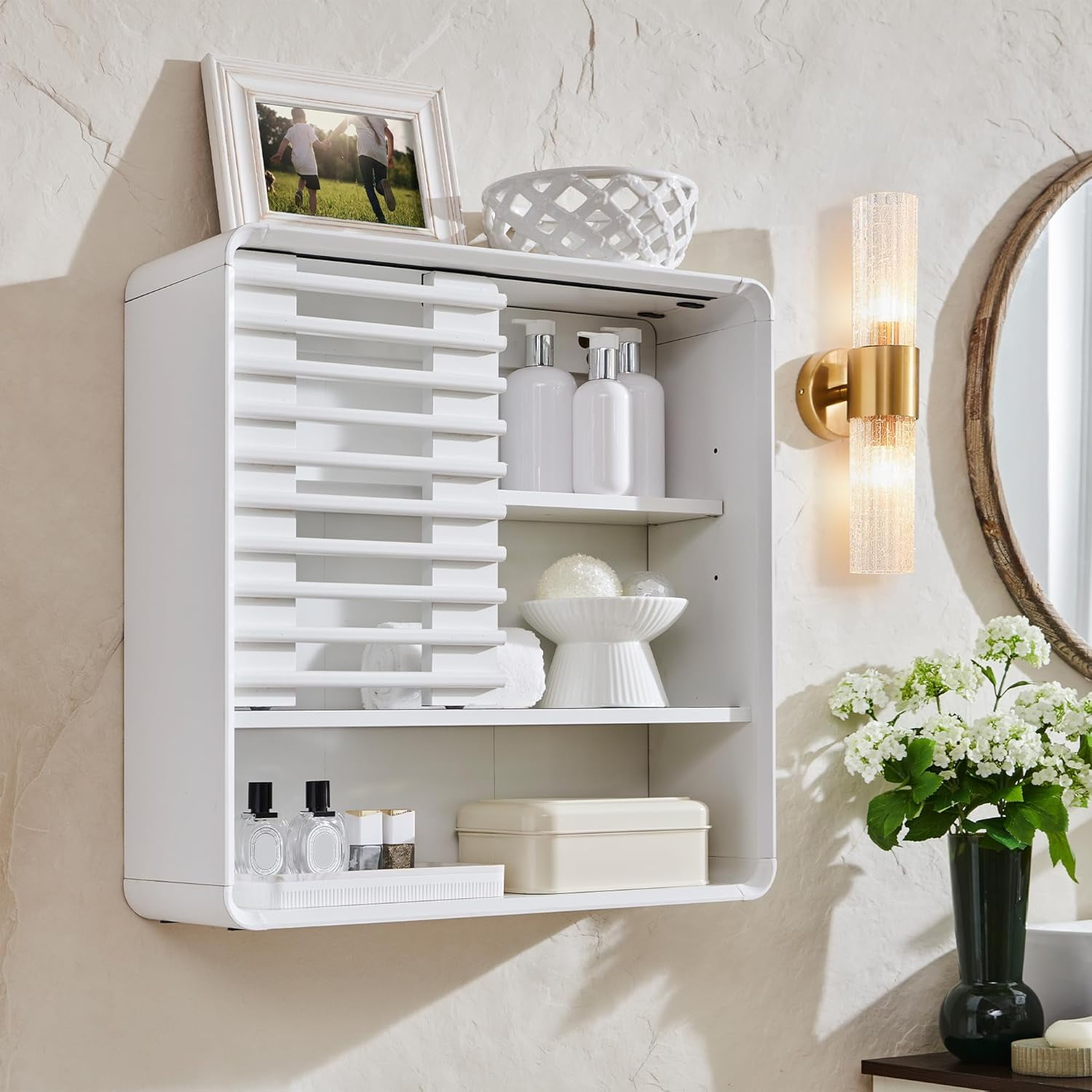 Bathroom Wall Cabinet, Mid-Century Medicine Cabinet with Slatted Sliding Door, Adjustable Shelf ...