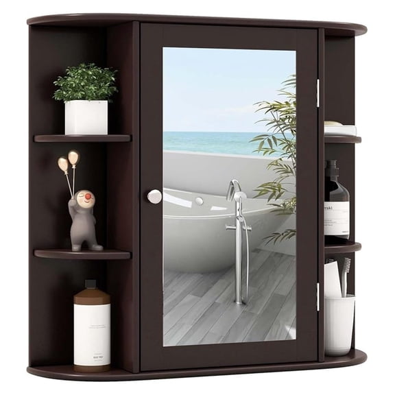 Bathroom Wall Cabinet with Mirror - Medicine Cabinet w/Door, 6 Open Shelves & Adjustable Shelves, Over The Toilet Storage Cabinet Organizer, Mirrored Bathroom Cabinet Wall Mount (Brown)