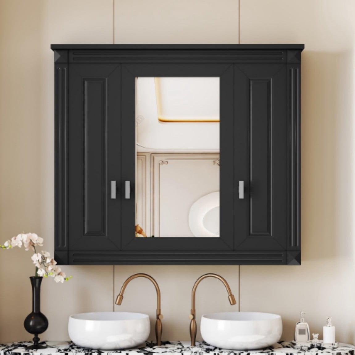 Bathroom Wall Cabinet with Mirror, Wall Mounted Medicine Cabinet with 5 Shelves, Over Toilet Storage Cabinet with Adjustable Shelves, Mirrored Door Bathroom Cabinet, Black