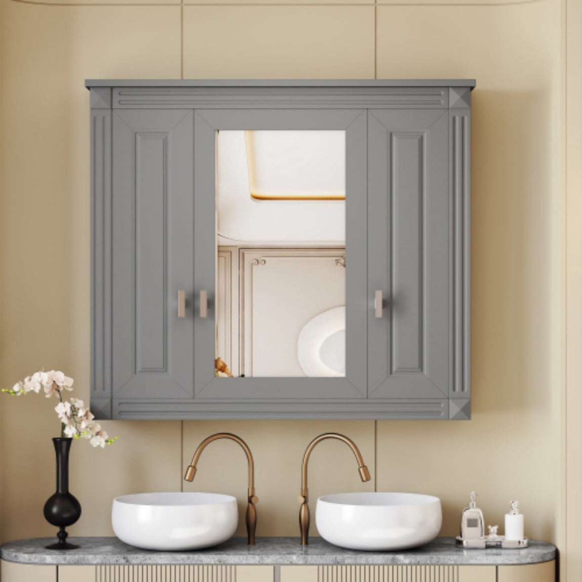 Bathroom Wall Cabinet with Mirror, Wall Mounted Medicine Cabinet with 5 Shelves, Over Toilet Storage Cabinet with Adjustable Shelves, Mirrored Door Bathroom Cabinet, Gray
