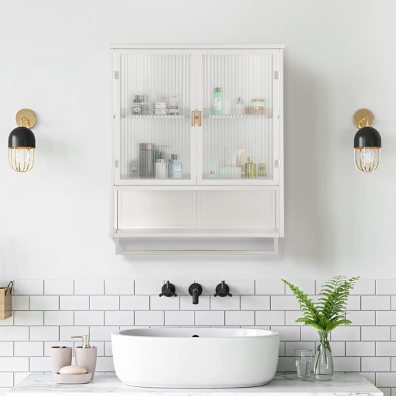 Bathroom Wall Cabinet, Over The Toilet Storage Cabinet with Open Shelf & Towel Rack, Bathroom Cabinet Wall Mount in Metal, Medicine Cabinets for Bathroom, Living Room, Laundry Room, White