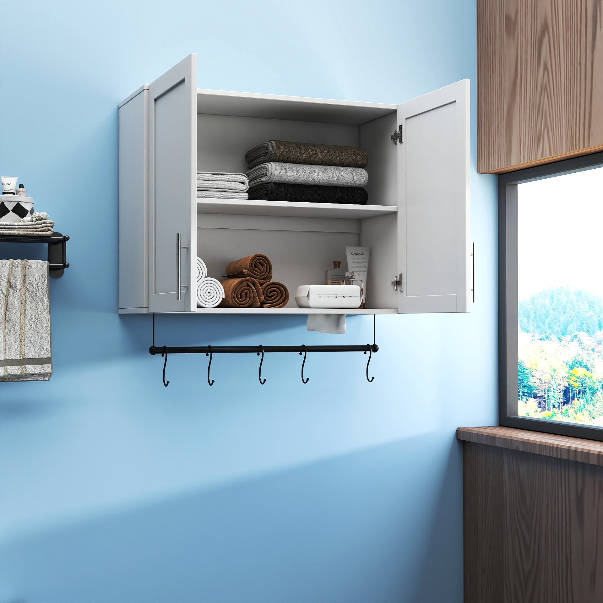 Bathroom Wall Cabinet Over Toilet Storage with Adjustable Shelf Towel Bar 5 Hooks, White