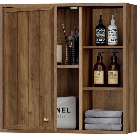 Bathroom Wall Cabinet, Small Wall Cabinet Over Toilet with Door and Adjustable Shelf, Rustic Medicine Cabinet for Kitchen, Garage, Livingroom, Laundry Room (Brown, 1 PCS)