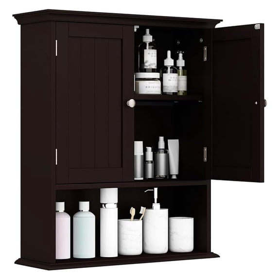 Bathroom Wall Cabinet, Space Saving Wall Mounted Medicine Cabinet with Adjustable Shelf, Open Shelf Expansion Bolt, 2 Door Toilet Storage Cabinet for Bathroom, Kitchen, Laundry Room, Brown