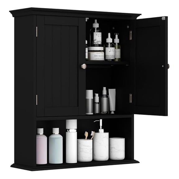 Bathroom Wall Cabinet, Space Saving Wall Mounted Medicine Cabinet with Adjustable Shelf, Open Shelf Expansion Bolt, 2 Door Toilet Storage Cabinet for Bathroom, Kitchen, Laundry Room, Black