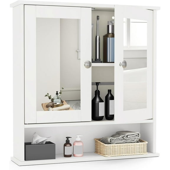 Bathroom Wall Cabinet Storage, Medicine Cabinets with Mirror 2 Doors and Adjustable Shelf, Wall Mounted Cupboard Mirrored Vanity Cabinet for Rv Bathroom Restroom Kitchen (White)
